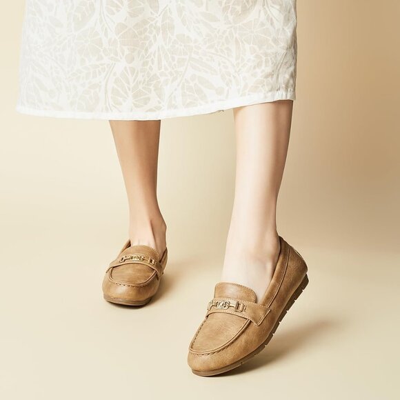 Women Khaki Polyurethane Accent Buckle Leisure Slip On Walking Flats Shoes - Picture 5 of 9